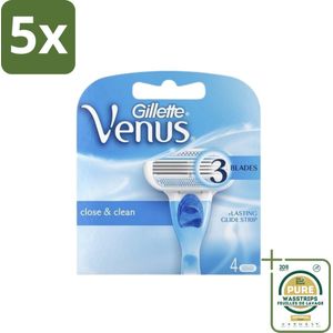 5 x Gillette - Venus - Close & Clean - Gladde scheerbeurt - 4 Navulscheermesjes - Grootverpakking - Scheermesjes Vrouwen - Glad Scheeren - Veilig Scheren - Beschermende Kussentjes - Soft Grip Handgreep