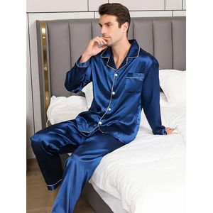 pyjama satijn blauw nachtmode mannen lingerie lange broek revers