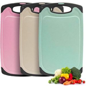 Snijplankset, 3 stuks, tarwestro, keukensnijplanken, BPA-vrij, met sapgroeven, gemakkelijk vast te pakken, hangende gaten, antislip, vaatwasmachinebestendige snijplank (beige + groen + roze)