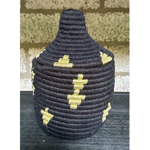 Marokkaanse Berber mand - S - 011 - zwart+goud - hoogte 23 cm x dia 15 cm - vintage manden - handgemaakt - wollen manden