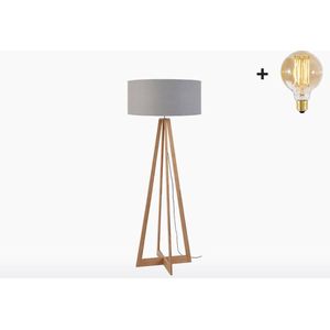 Vloerlamp – EVEREST – Bamboe Voetstuk - Lichtgrijs Linnen - Met LED-lamp