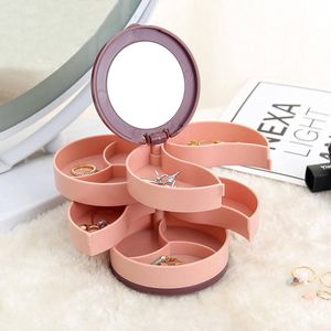 Draaibare Sieraden Organizer Box met Spiegel – Draagbare Opbergdoos Met Meerdere Lagen voor Ringen, Oorbellen, Kettingen – Roze