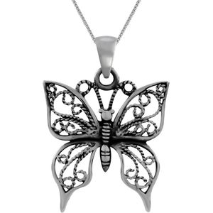 Zilveren ketting vrouw | Zilveren ketting met hanger, rijk bewerkte vlinder
