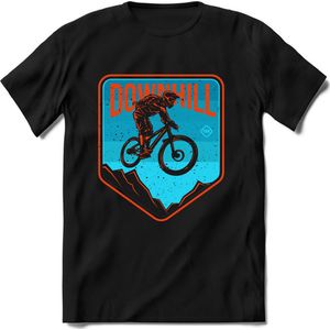 Downhill | TSK Studio Mountainbike kleding Sport T-Shirt | Blauw - Oranje | Heren / Dames | Perfect MTB Verjaardag Cadeau Shirt Maat XXL