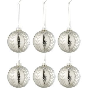 J-Line Doos Van 6 Kerstballen Blaadjes Glitter Glas Blinkend Zilver Small