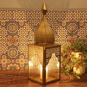 Oosters windlicht Modena Goud L hoogte 45 cm minaretten vorm | Marokkaanse glazen lantaarn als uit 1001 nacht