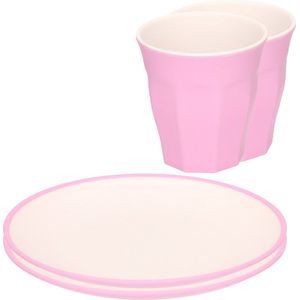 Set van 12x onbreekbare kunststof/melamine roze ontbijt bordjes 23 cm/bekers 9 cm