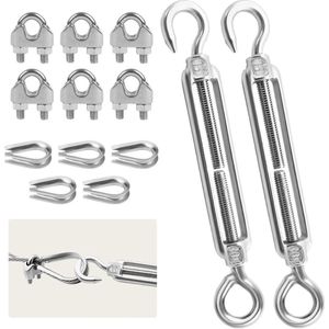 Spanslot roestvrij staal set 2 stuks + 5 kabelkousen + 6 kabelklemmen + verstelbare kabelspanner met haakoog