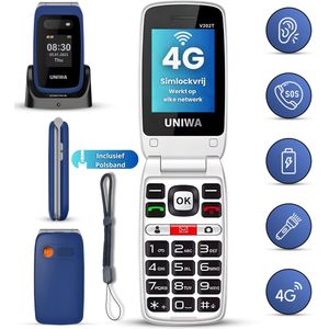 Uniwa Senioren Telefoon Klapbaar - 4G - SOS-Noodknop - Senioren Mobiele Telefoon - Senioren GSM - Grote Toetsen en 2.4″ Scherm - Oplaadstation - Nederlandstalig - Dubbel Scherm - Simlockvrij - Incl. Polsband