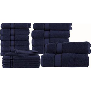 Homéé 18 delige handdoekenset Ruche 2 badlakens 4 handdoeken 6 gastendoekjes 6 washandjes marine blauw gekamde katoen 550g. m²