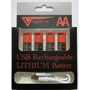 USB herlaadbare / oplaadbare AA batterijen - 2400mWh, 1600mAh - Lithium - 4 stuks per pak - merk: Vigor-e