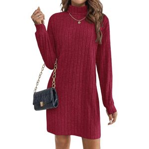 Dames Turtleneck Jurk, Gebreide Jurk, Lange Mouwen, Ribgebreide Trui Jurk, Warme Herfst- en Winterjurk, Elegante Slim Fit Jurk