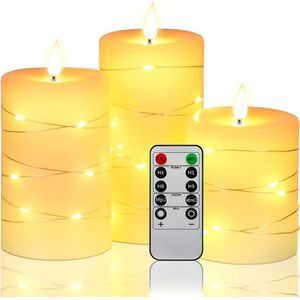 Led Kaarsen met Bewegende Vlam - Batterijkaarsen - Lichtslinger - 3 Vlamloze Kaarsen - Afstandsbediening - 10 Toetsen - 24-uurstimer - Dansende Vlam - Echte Was
