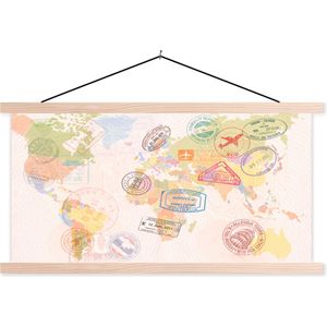 Posterhanger incl. Poster - Schoolplaat - Wereldkaart - Stempels - Kleuren - 150x75 cm - Blanke latten