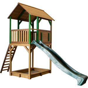 AXI Dory Speeltoestel in Bruin/Groen - Speeltoren met Groene Glijbaan en Zandbak - FSC hout - Speelhuis op palen voor de tuin