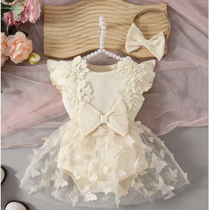 Luxe Baby Jurk Vlinders - Maat: 86/92 - Incl. Haarband - Kleur: Wit - Luxe Kanten Jurkje - Babyjurk / Zomer Jurk / Verjaardag Jurk - Birthday Jurk / Huwelijk / Verjaardag - Hoge Kwaliteit - Schattig & Comfortabel - Vlinders / Butterfly Dress
