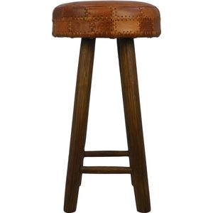 HSM Collection-Ronde Barstoel Patchwork-40x40x75-Cognac/Bruin-Leder/Teak