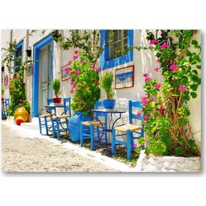 Traditioneel Griekenland - taverna's op straat - 70x50 Canvas Liggend - Bloemen
