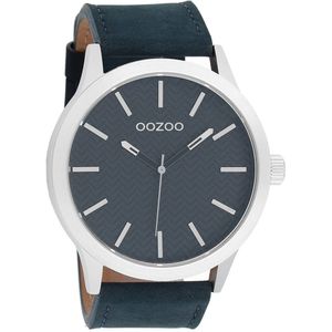 OOZOO Timepieces - Zilverkleurige horloge met donker blauwe leren band - C9013