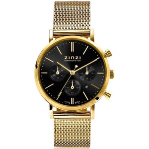 ZINZI horloge CHRONOGRAPH 34mm zwarte wijzerplaat met datum en chronometers, geelgoudkleurige stalen kast, geelgoudkleurige stalen mesh band 18mm ZIW1543