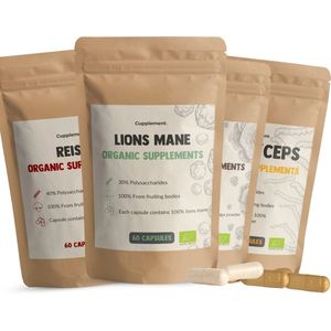 Cupplement Combipack Paddenstoelen Standaard pakket - 5 Delige Set Met 60 Reishi, 60 Chaga, 60 Lions Mane & 60 Cordyceps Capsules Biologisch - Inclusief Pillendoosje - Biologisch - Geen Poeder Extract - Elfenbankje - Superfood - Supplement -