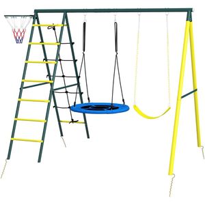 Outsunny - Kinderschommelset - Geel - Inclusief 2 Schommels en Basketbalring