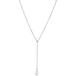 Traveller Ketting - Dames - Zilverkleurig - Edelstaal - Zoetwater Parel - Wit - Verstelbare Ketting 48 - 56 cm - 181213