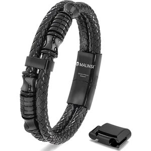 Malinsi Armband Heren - Zwart Mysterie - RVS en Leer - 20 cm + 2 cm verlengstuk - Armbandje Mannen