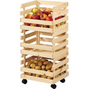 Fsc(r) Wooden Storage Rack On Wheels, For Potato / Fruit Storage | 3 Crates Of Pine Wood | Stackable Storage Box / Crates | Crate To Store Potatoes Or Fruit | 3 Piece Stock Rack |