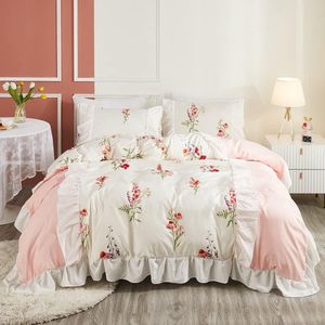 Beddengoed met ruches, 200 x 220 cm, 3-delig, wit, roze, bloemen, omkeerbaar beddengoed, microvezel, zachte beddengoedsets, romantisch meisjesdekbedovertrek met ritssluiting en 2 kussenslopen, 80 x 80 cm