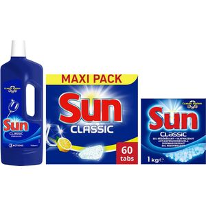 Sun vaatwas pakket - sun 60 vaatwas tabletten citroen + Sun glansspoel middel 750 ml + Sun vaatwas zout 1kg