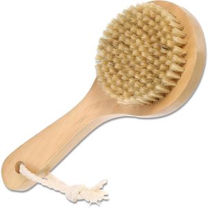 Droge lichaamsborstel, korte steel, natuurlijke borstelharen, rugmassager, antislip houten steel, voor exfoliatie, verbetering van de bloedsomloop en vermindering van cellulitis, bruin