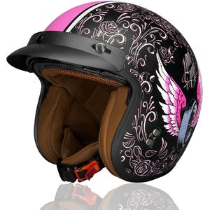 HSWHEEL Jethelm met UV-beschermend Vizier | Wasbaar & Verstelbaar | Scooterhelm & Motorhelm & Brommerhelm | Voor Heren & Dames | ECE 22.06 Goedgekeurd | Vintage Stijl | Zwart/Roze – XXL