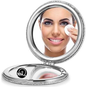 Compacte spiegel, klassiek PU-leer 1X/10X vergroting, tas ultra draagbaar voor portemonnees en reizen (zilver)