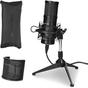 Navaris SM-01 USB microfoon set - Met standaard en pop filter - Voor PC, laptop, podcasts, streaming - Zwarte tafelmicrofoon