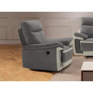 Vente-unique Elektrische relaxfauteuil van fluweel METTI - Grijs en banden van ecru L 108 cm x H 102 cm x D 92 cm