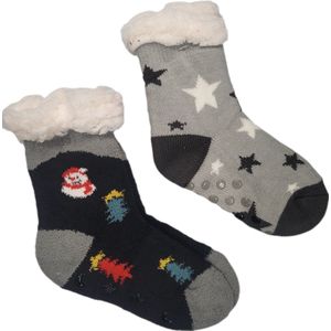 Unisex - Huissokken - Antislip - Gevoerd - Set van 2 paar - Huissokken - Warme wintersokken - Kleur Zwart/Grijs - Maat 28 t/m 31 - Kerst - Cadeau