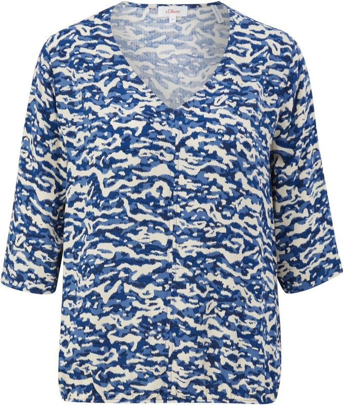 s.Oliver - Blouseshirt - Crème / Donkerblauw - Driekwart Mouw - Losse Pasvorm