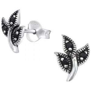 Aramat jewels ® - Zilveren dames oorbellen bloem 925 zilver zwart zirkonia 7x9mm