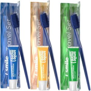 3x Hiskin Smile More Tandenborstel en Mini tandpasta - Reisetui - Tandenborstel met Mini Tandpasta in 3 Smaken - Handig Voor Op Reis