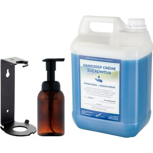 Zeepdispenser 300 ml amber bruin hervulbaar + 5 liter Handzeep Crème Eucalyptus navulling (inclusief beugel)