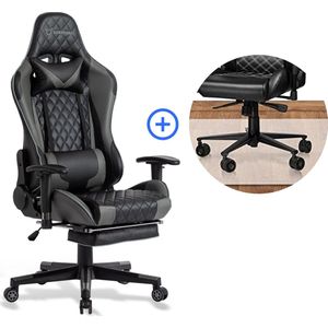 FOXSPORT verstelbare gaming chair - PC-bureaustoel met voetsteun - hoogte en helling verstelbaar - met hoofdsteun en lendensteun - gamingstoel voor kantoor - Met vloerbeschermingsmat - Zwart en grijs