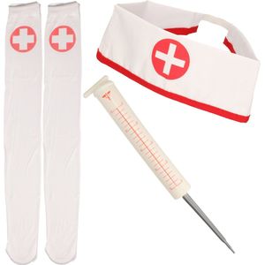 Sexy zuster/verpleegster verkleed set - 3-delig - diadeem/stethoscoop/spuit/kouseband/kousen