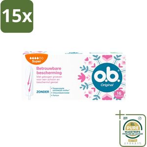 15 x o.b. Tampons - Original Super - Gebogen Groeven - Voor Betrouwbare Bescherming - 16 Tampons - Grootverpakking - Tampons - Menstruatiebescherming - Gebogen Groeven - Super Absorptie - StayDry