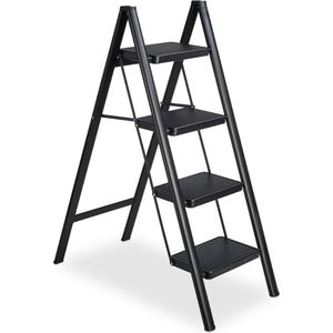Buxibo - Keukentrapje/Vouwladder 4 Staps - Keukenopstapje - Opvouwbare ladderkruk - Trapladder - Anti-Slip - Metaal - Zwart