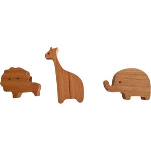 Wandhaakje 3 stuks - Safaridieren - Wandhaakje dieren - Leeuw - Giraffe - Olifant - wandhaak - kapstok haakje - houten wandhaak - ophanghaak - ophanghaakje - deurknop - kastknop - meubelbeslag