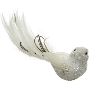 4x stuks decoratie vogels op clip wit glitter 17 cm - Decoratievogeltjes/kerstboomversiering/bruiloftversiering