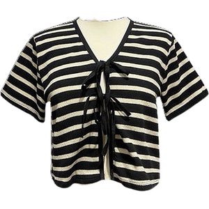 Dilena fashion top Shirt katoen cotton geknoopt strik knotted stripe gestreept zwart wit black