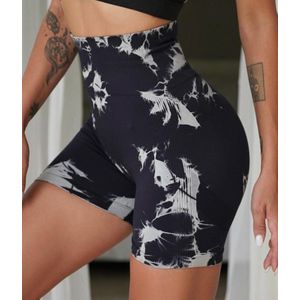 Tie Dye Short Legging - Maat M - Bleach - Zwart/Grijs - Fitness legging - Fitness Short - Gymlegging - Gym Short - Sportlegging - Sportbroek - Sport short - Yogalegging - Yoga short