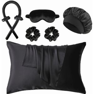 Nivard Zijden Slaapmuts - Satijnen Nachtmuts - Silk Bonnet - Sleep Cap - Haarverzorging - Satin - Verstelbaar - Voor Zacht & Stralend Haar - 8-Delige Set - Zwart